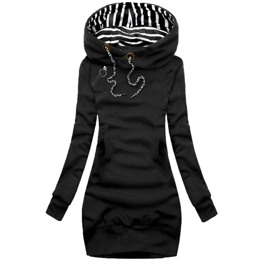 Black hooded sweater dress with black-and-white striped hood lining and drawstring