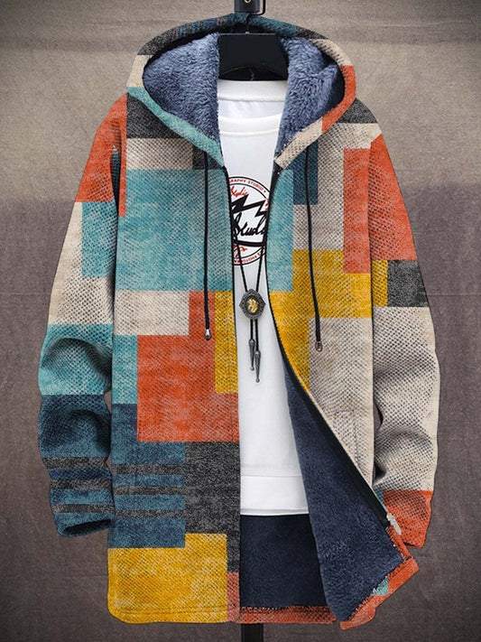 Multicolor patchwork cardigan with hood, full zipper, and drawstring; teal, orange, yellow