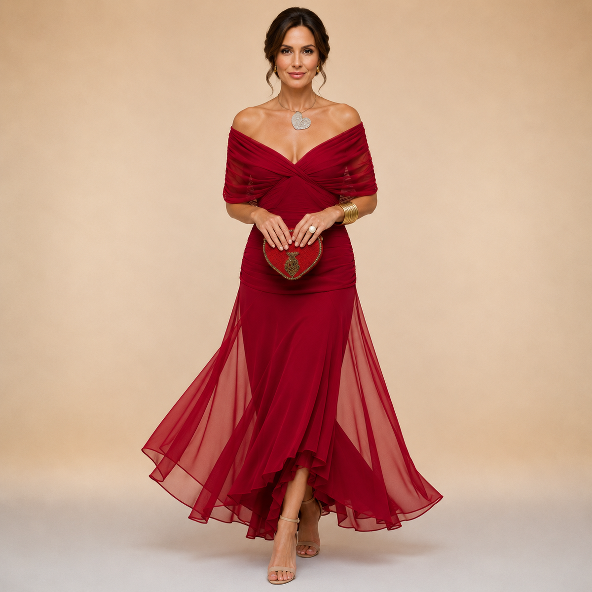 Venetian red off-shoulder maxi dress with draped bodice and flowing chiffon skirt