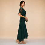 Dark green fitted maxi dress with V-neck and layered chiffon skirt, short sleeves