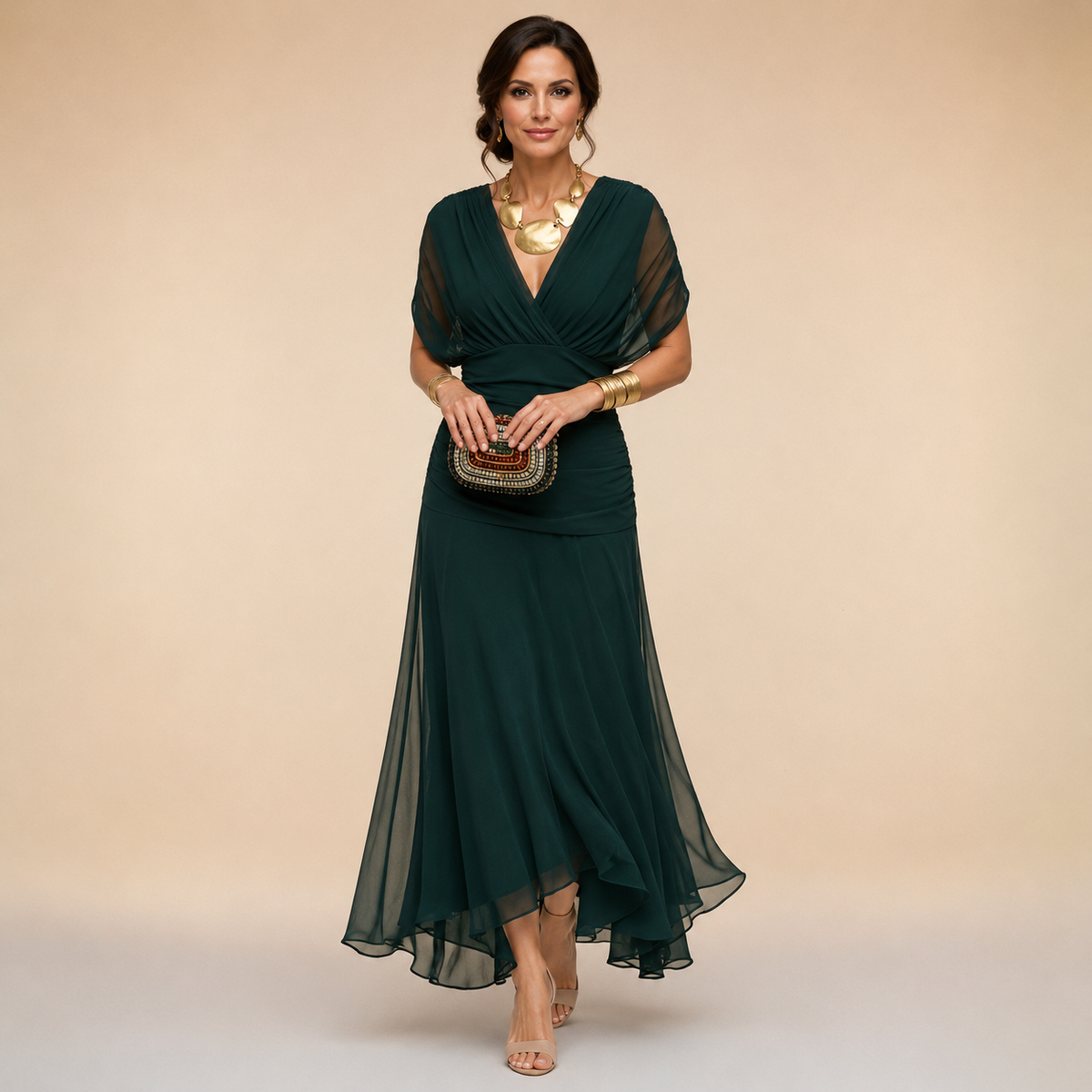 Dark green chiffon maxi dress with V-neck and short sheer sleeves, draped waist
