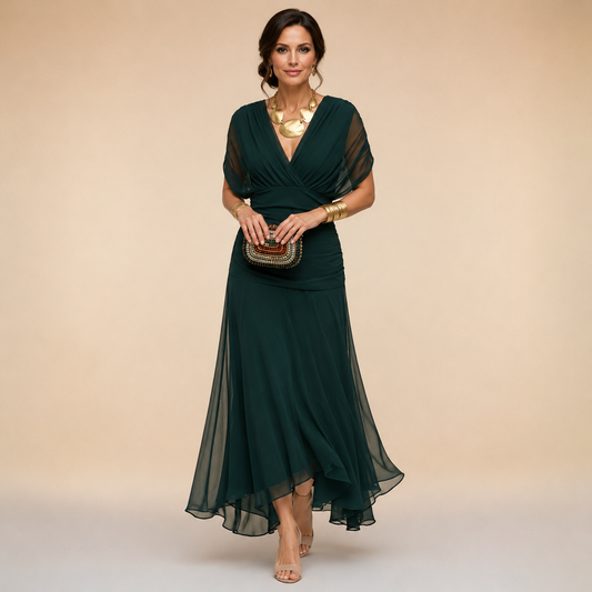 Dark green chiffon maxi dress with V-neck and short sheer sleeves, draped waist