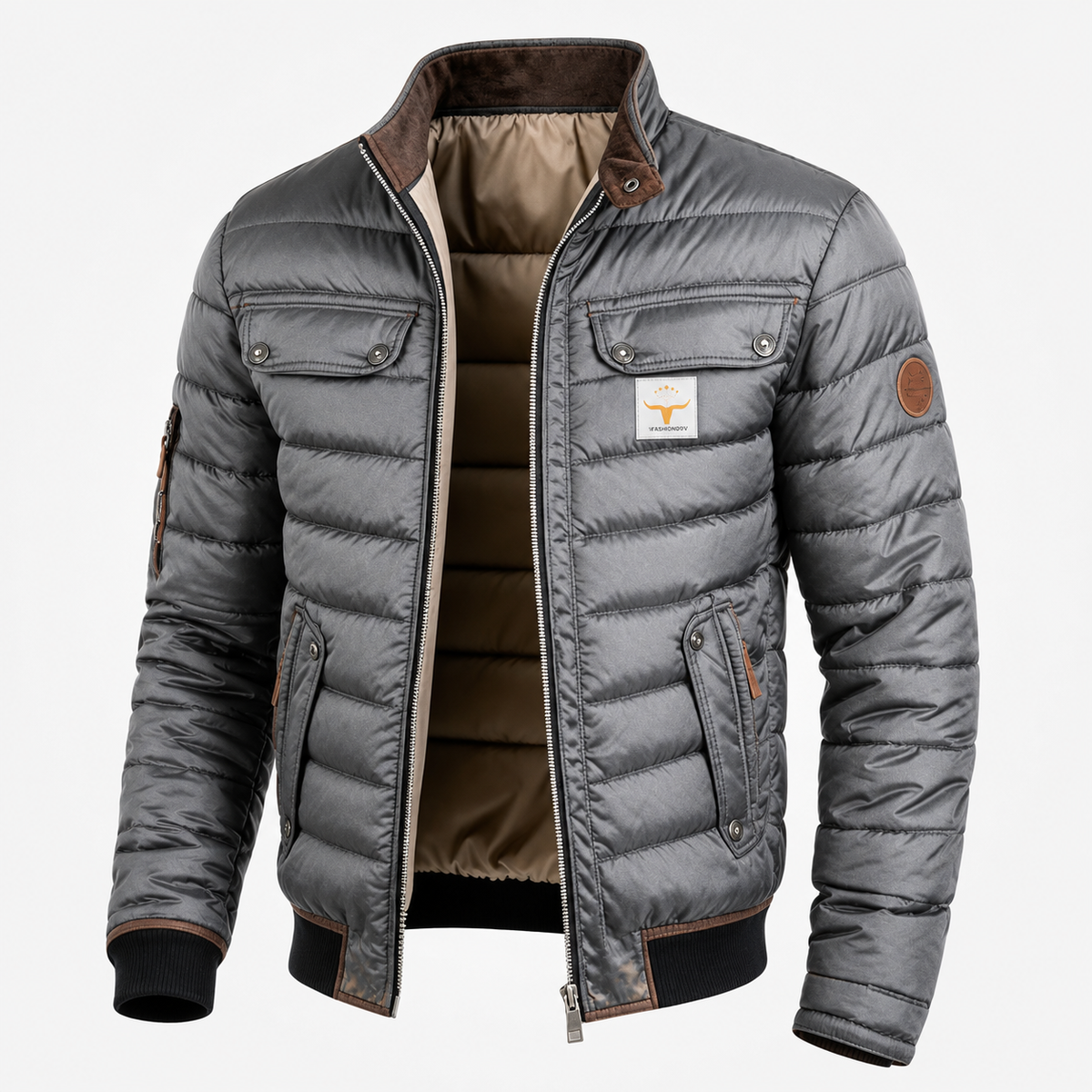 Dark gray quilted mid-season jacket with zip, stand collar, snap chest pockets, brown lining