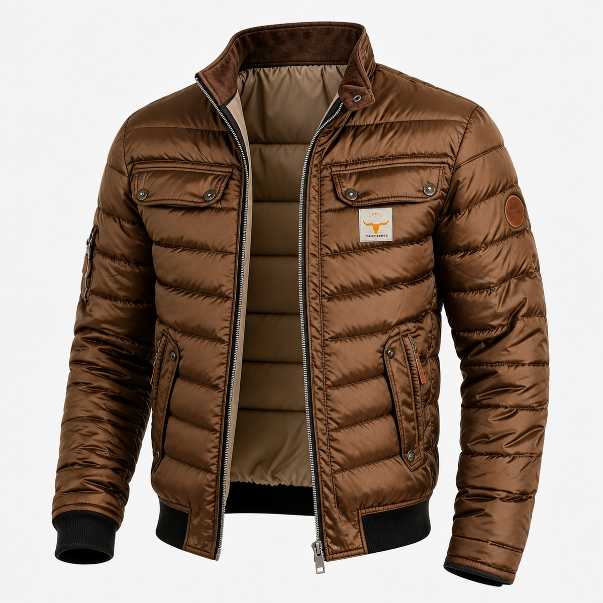 Brown quilted mid-season jacket with zip, stand collar, snap chest pockets, ribbed cuffs