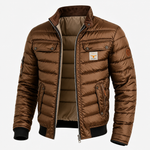 Brown quilted mid-season jacket with zip, stand collar, snap chest pockets, ribbed cuffs