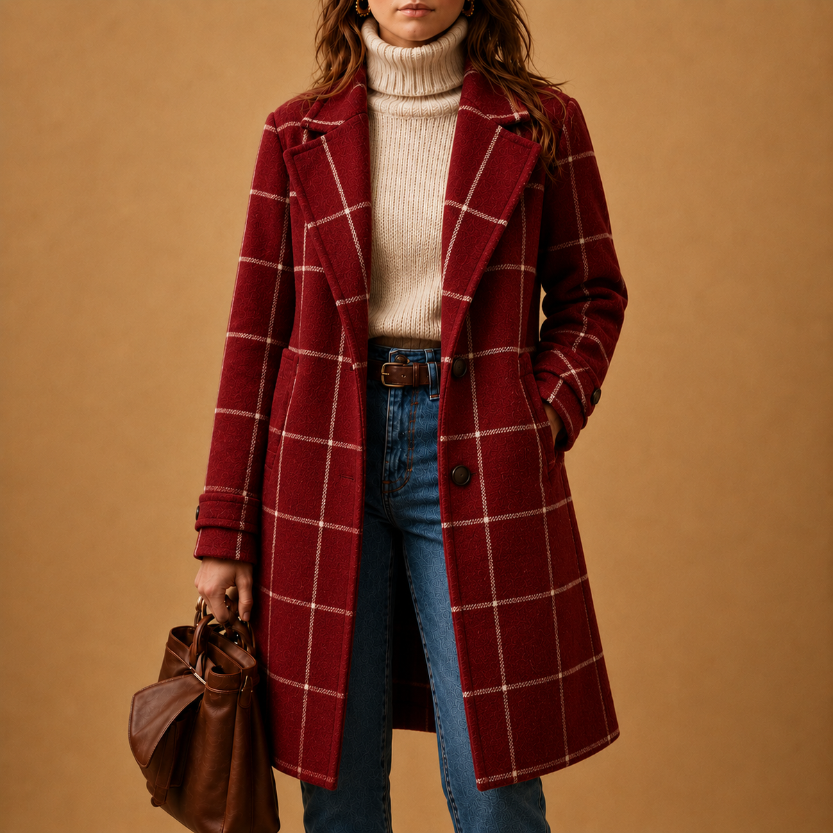 Burgundy plaid wool coat with notch lapels, long sleeves, and button front