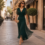 Dark green chiffon maxi dress with V-neck, short sheer sleeves, and fluttering skirt hem