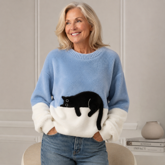 Light blue cat print fuzzy sweater with white cuffs and hem