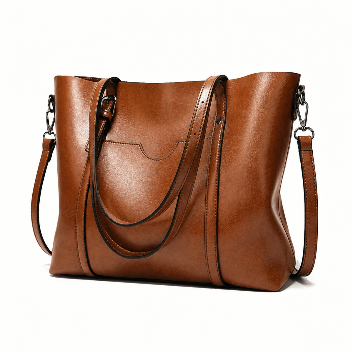 Vintage leather tote bag in brown with stitched front panel, top handles, and crossbody strap