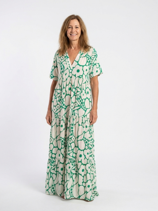Green floral tiered midi dress with V-neck and short sleeves