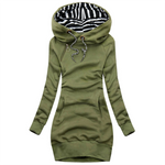 Green hooded sweater dress with black-and-white striped hood lining and drawstring