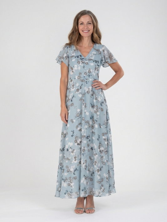 Sky blue floral chiffon maxi dress with V-neck and flutter short sleeves