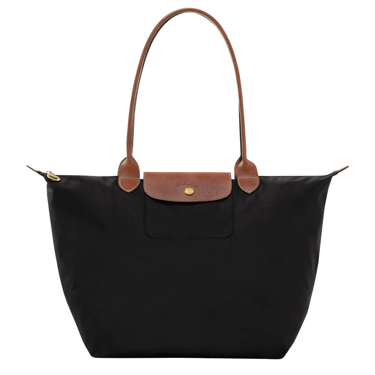 Black structured tote with tan leather handles, front flap pocket, gold hardware