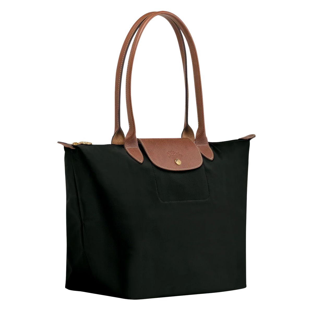 Black structured tote with tan leather handles, front flap, gold hardware