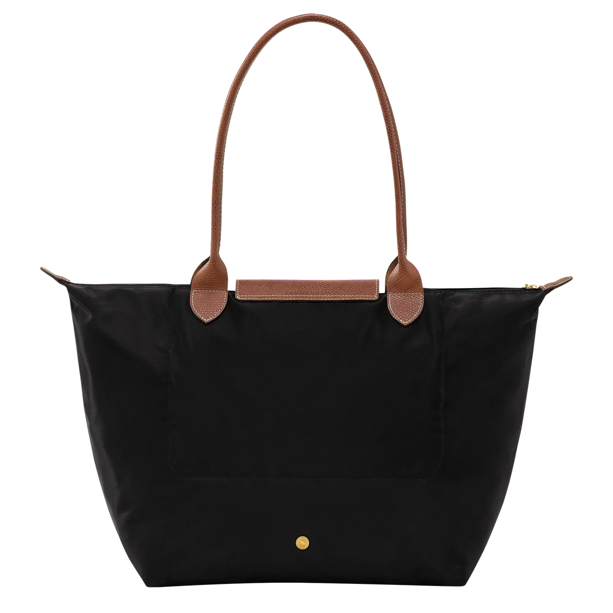 Black structured tote with tan trim, front flap pocket, gold snap