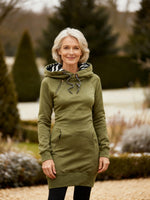 Green hooded sweater dress with striped lining and drawstring, long sleeves