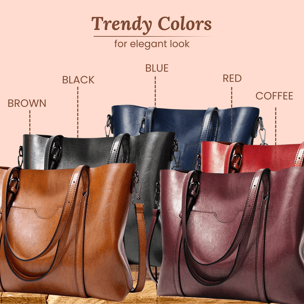 Eleonora vintage leather tote bags in assorted colors, featuring long shoulder straps