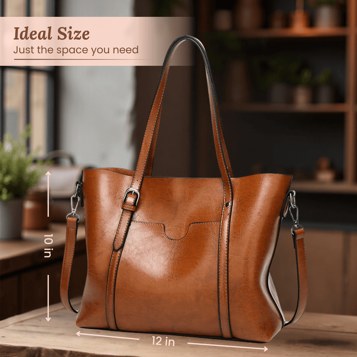 Eleonora vintage leather tote bag in brown with wide handles and front seam details