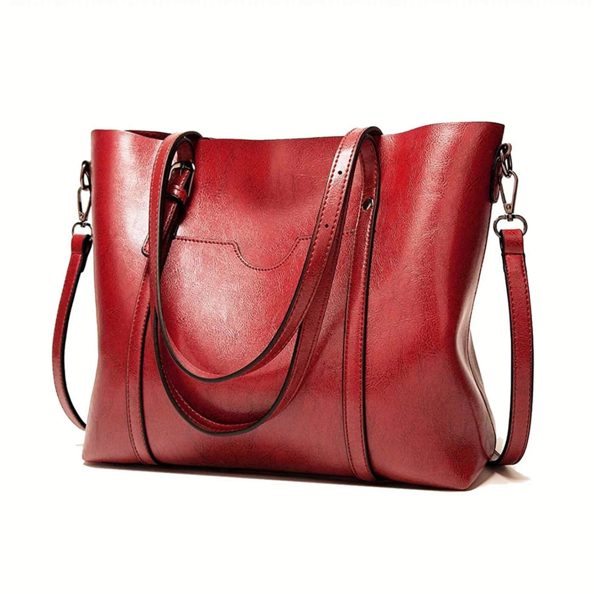 Vintage leather tote bag, maroon with U-shaped front pocket and shoulder straps