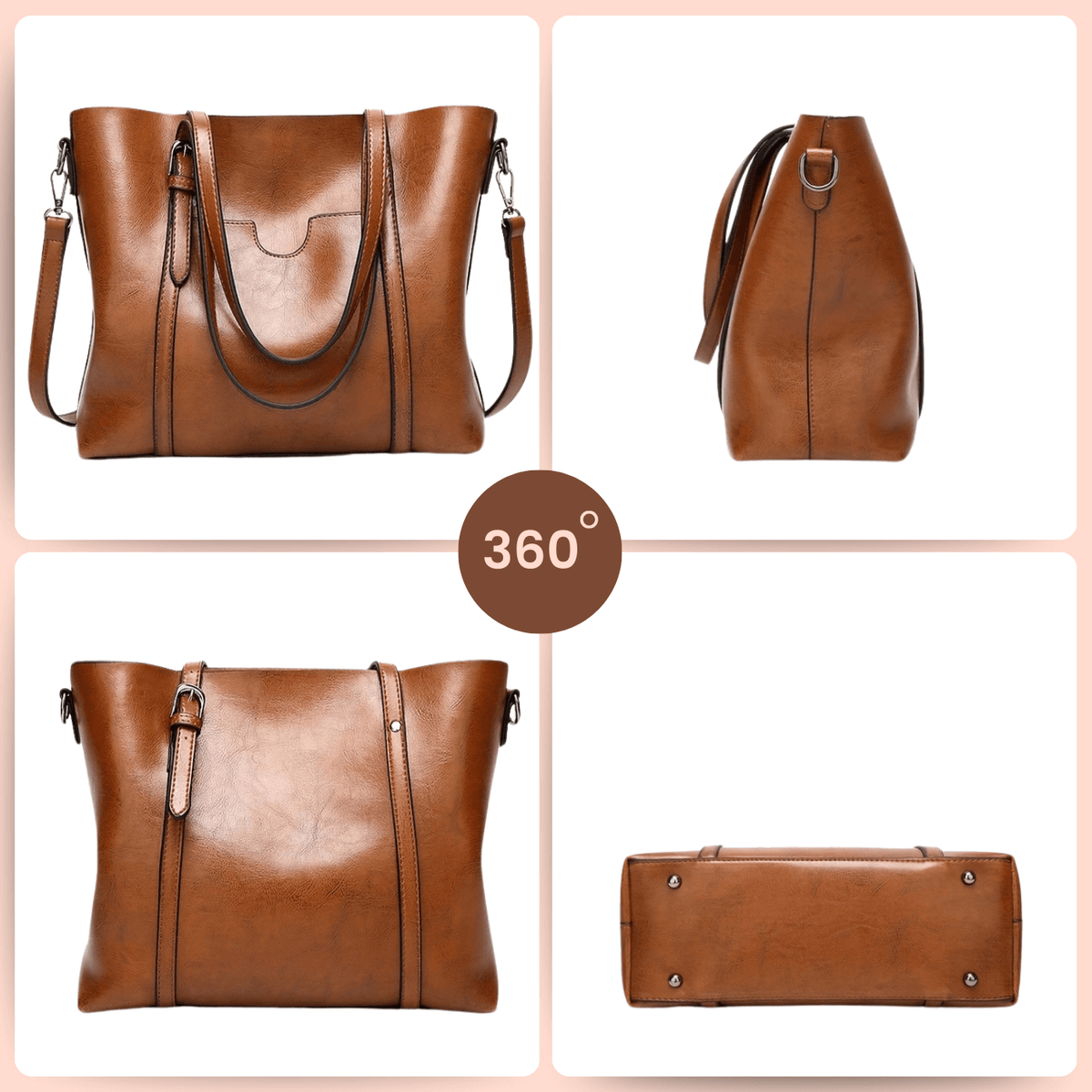 Eleonora vintage leather tote bag in brown leather, multiple angles with handles and straps