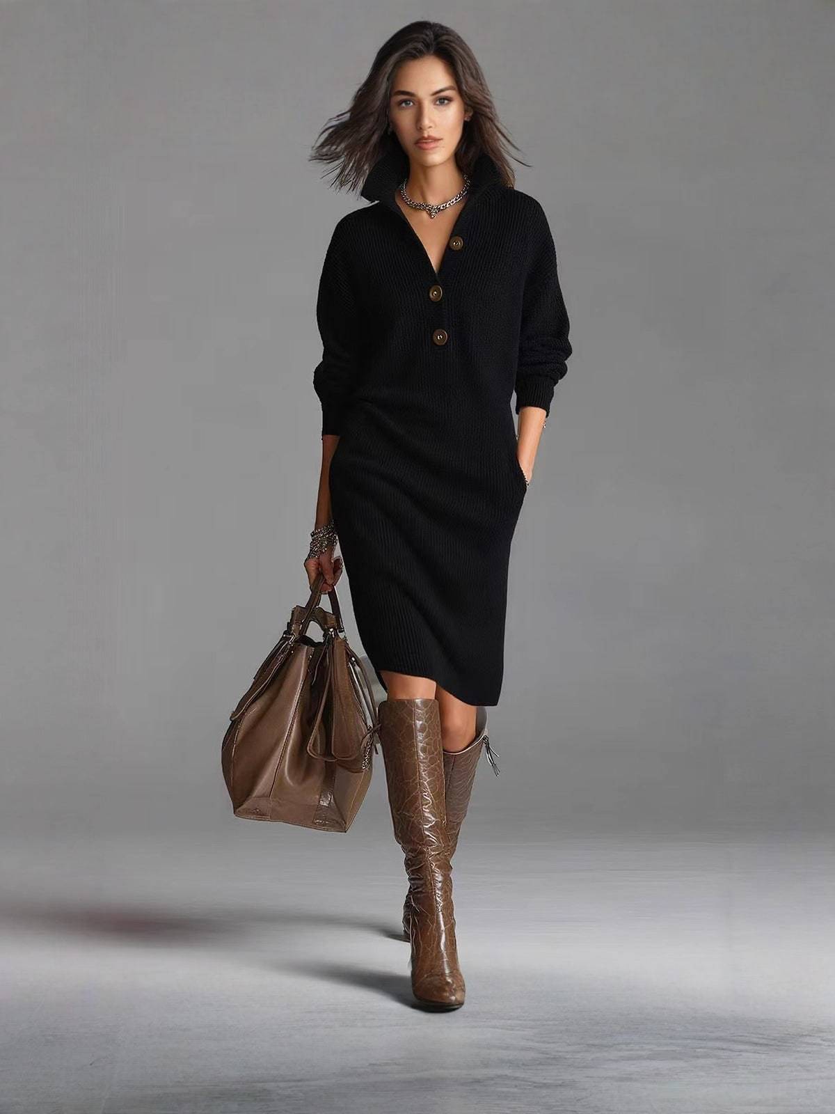 Black long knit sweater dress with long sleeves and button-front placket