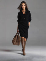 Black long knit sweater dress with long sleeves and button-front placket