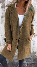 Olive-brown long cardigan coat with button front and two side pockets