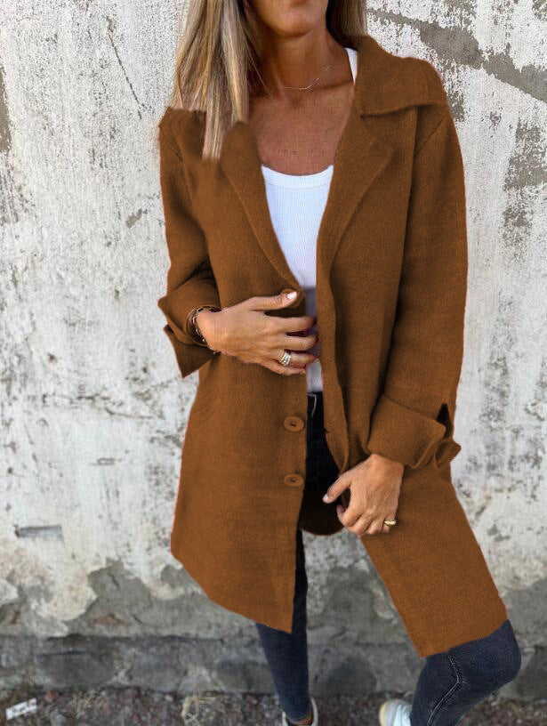 Khaki long cardigan coat with lapels, button front, and patch pockets