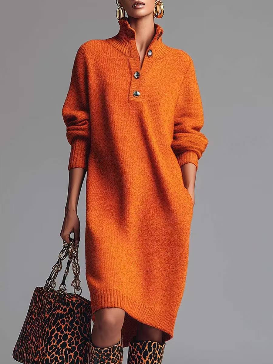 Orange knit sweater dress with long sleeves and button placket