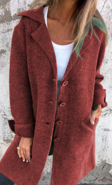Wine red long cardigan coat with button front and wide lapels