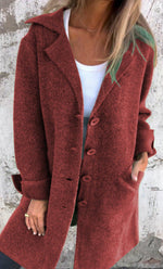 Wine red long cardigan coat with button front and wide lapels