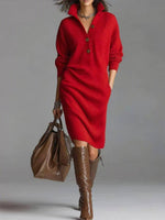 Red button-up sweater dress with long sleeves and three-button front