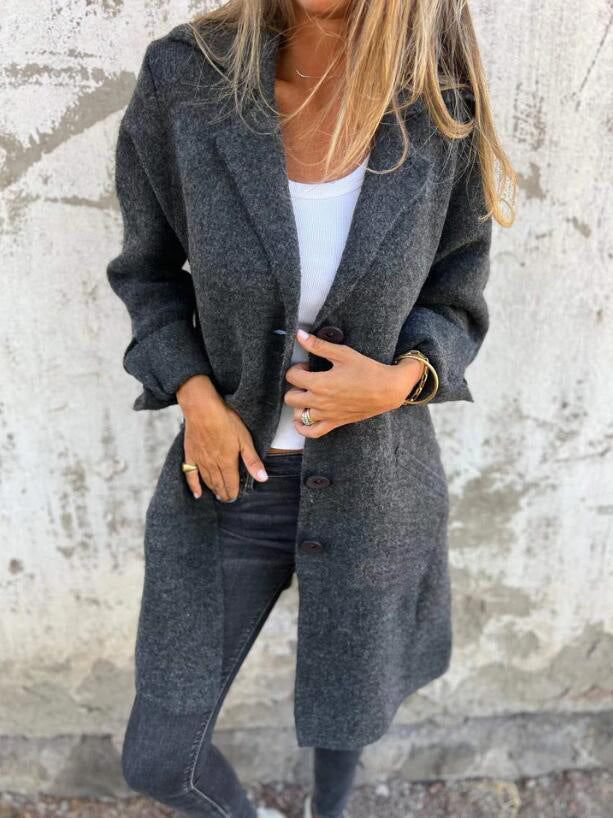 Dark gray cardigan coat with notch collar, button front, and side pockets