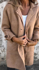 Khaki-beige long cardigan coat with button front and two side pockets