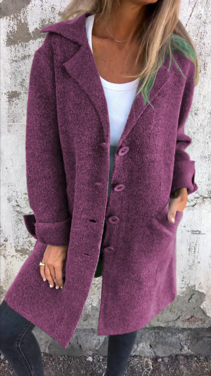 Purple long cardigan coat with button front and side pockets