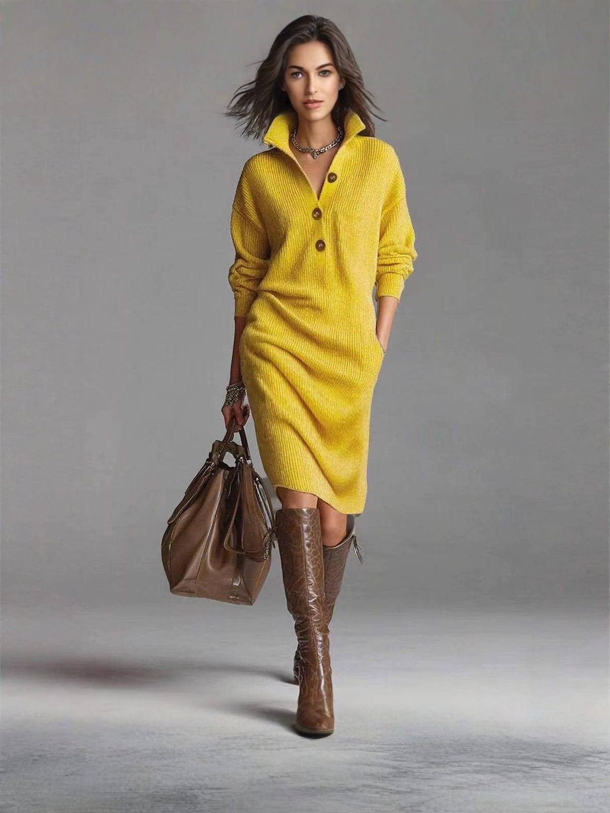 Yellow knit sweater dress with long sleeves and button front, midi length