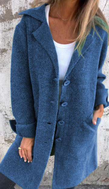 Blue long cardigan coat with button front and two side pockets