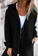 Black long cardigan coat with button front and notch collar