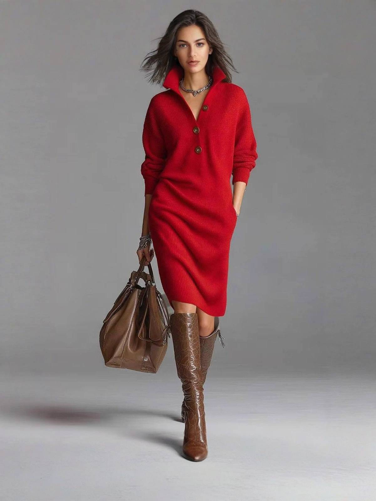 Red knit sweater dress with long sleeves and button front, midi length