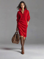 Red knit sweater dress with long sleeves and button front, midi length