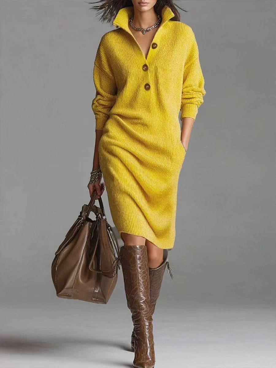 Yellow knit button-up sweater dress with long sleeves and button front