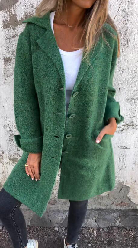 Green long cardigan coat with notch lapels and button front