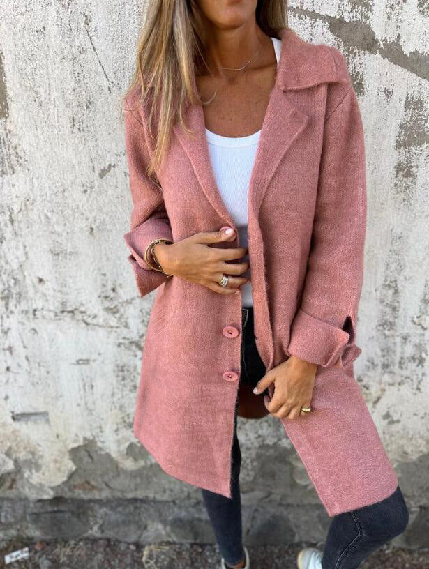 Dusty pink long cardigan coat with button front and wide sleeves