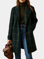 Green plaid wool coat with notch lapels, long sleeves, and button front