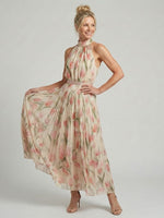 Aurelle floral midi dress, halter neck, belted waist, flowing pleated skirt
