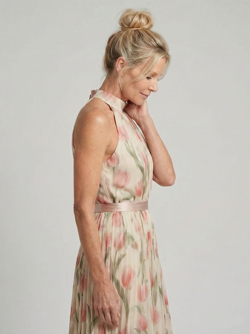 Aurelle floral halter midi dress, high neckline with gathered tie, sleeveless