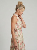 Aurelle floral halter midi dress, high neckline with gathered tie, sleeveless