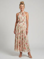 Aurelle floral midi dress with halter neck, sleeveless, pleated skirt, pink-green print