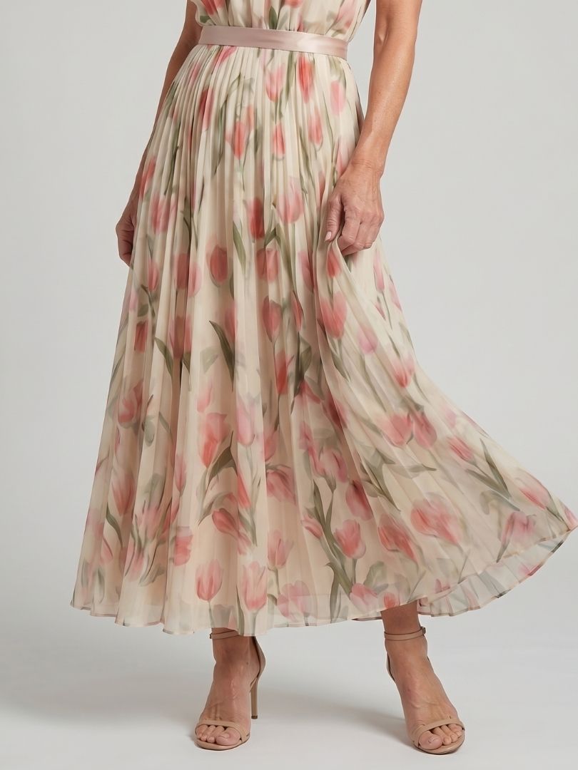Aurelle floral midi dress, cinched waist with elastic, layered pleats, flowing hem