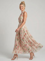Aurelle floral midi dress with halter neck, elasticized waistband, tiered pleated skirt